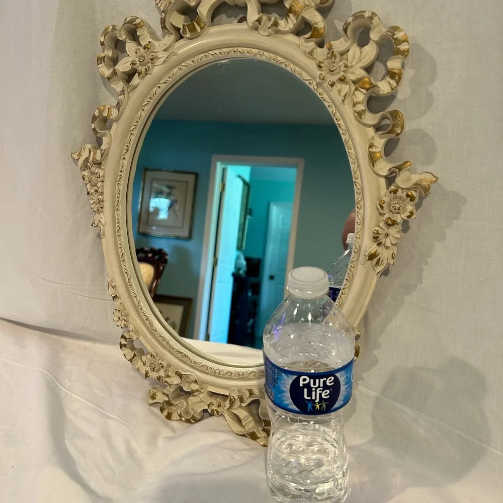Vintage Syroco wood white and gold frame mirror, Victorian, bow